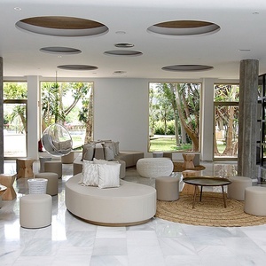 a living room with a lot of furniture and a hanging chair