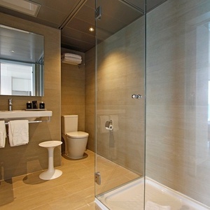 un baño con inodoro , lavabo y ducha de vidrio