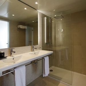 a bathroom with two sinks and a walk in shower