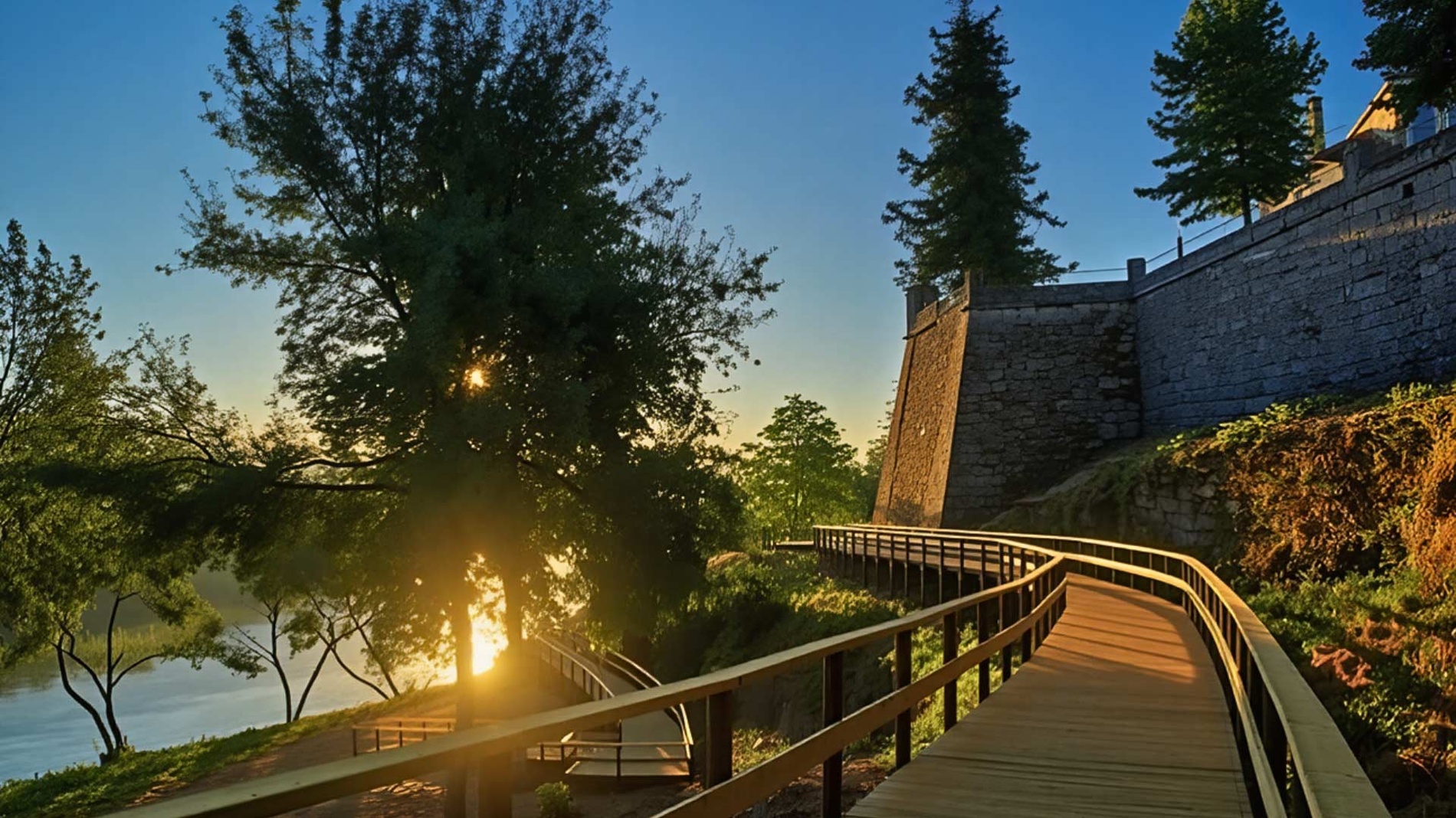 Un sinuoso sendero de madera bordea un río y una antigua muralla de piedra, iluminado por el sol que se filtra entre los árboles al atardecer o amanecer.