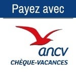 un logo de payez avec ancv avec un oiseau rouge sur fond bleu .