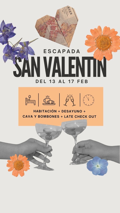 un cartel para escapada san valentín del 13 al 17 de febrero con dos copas de champán y flores .