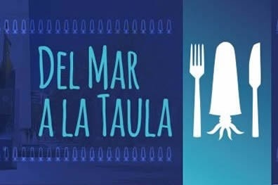 un cartel azul con un pulpo , tenedor y cuchillo .