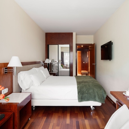 Cozy hotel room with a queen bed, modern amenities, and a touch of bohemian charm.