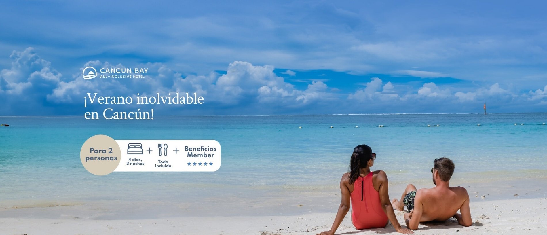 an advertisement for cancun bay shows a man and woman sitting on the beach