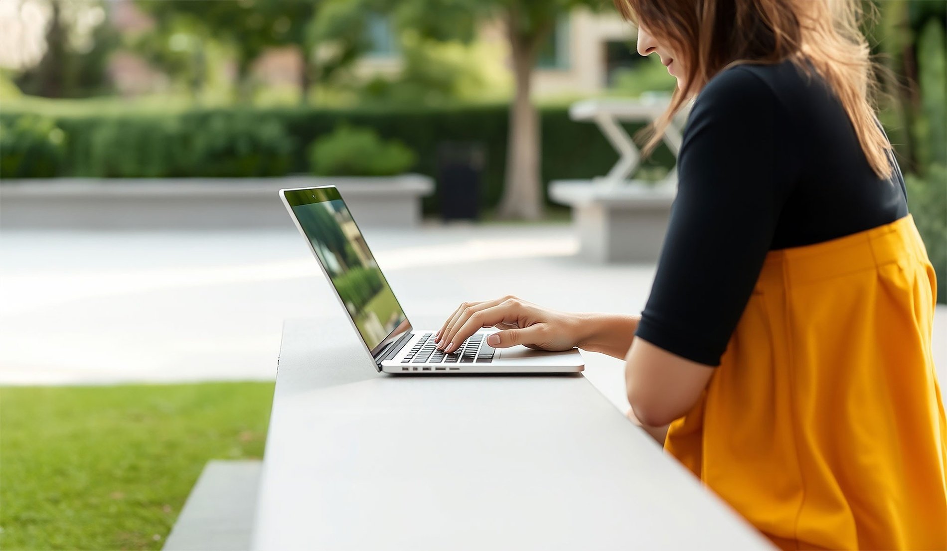 una mujer está sentada en un banco usando una computadora portátil