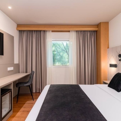 una habitación de hotel con una cama y una televisión