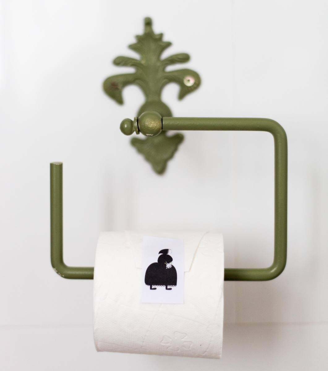 a roll of toilet paper on a green toilet paper holder