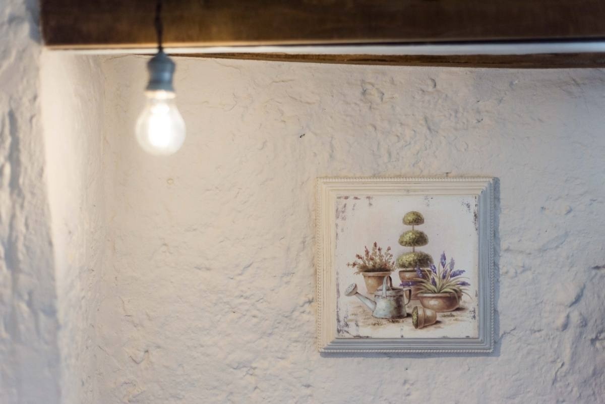 a picture of potted plants and a watering can hangs on a white wall