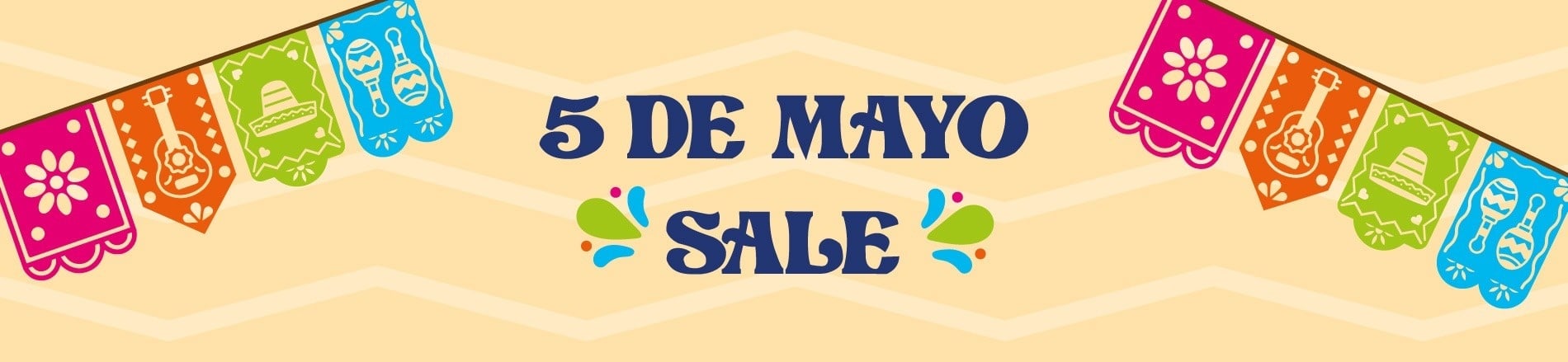 Cinco de Mayo Sale banner with colorful papel picado, guitar, sombrero, and maracas.