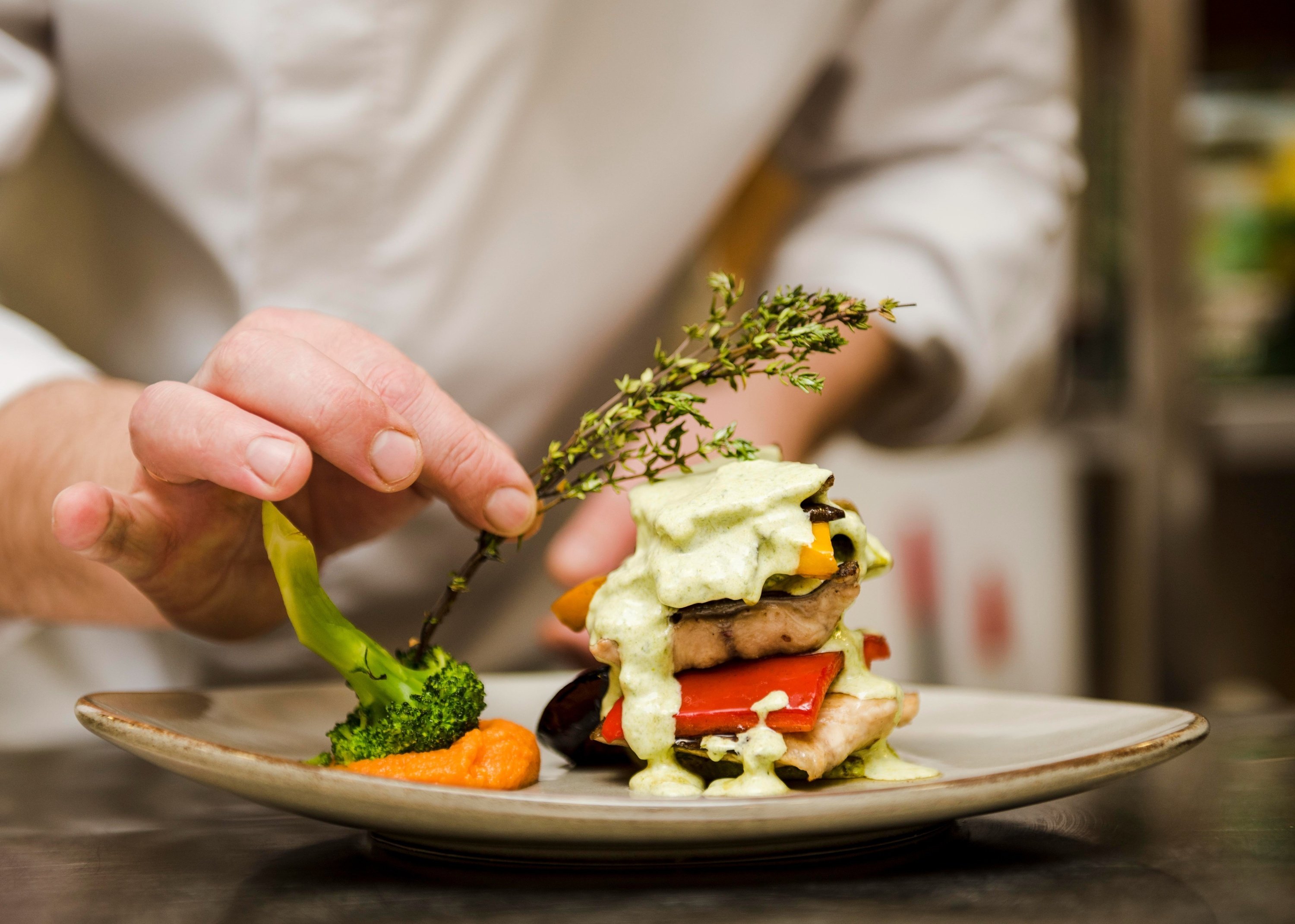 un chef decora un plato de comida con brocoli y verduras