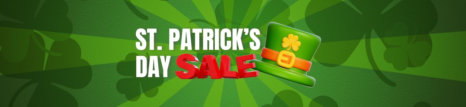 Un bandeau vert sur le thème de la Saint-Patrick annonce une "ST. PATRICK'S DAY SALE", agrémenté d'un chapeau de leprechaun et de motifs de trèfles.