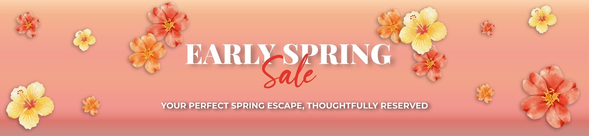 Une bannière publicitaire colorée et printanière annonce une « EARLY SPRING Sale » avec des fleurs à l'aquarelle sur un fond dégradé de tons pêche et corail.