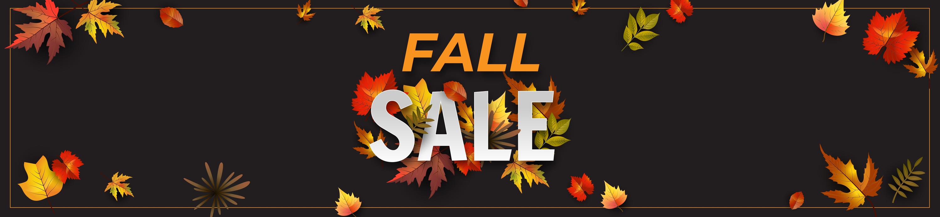 a fall sale sign with leaves on a black background