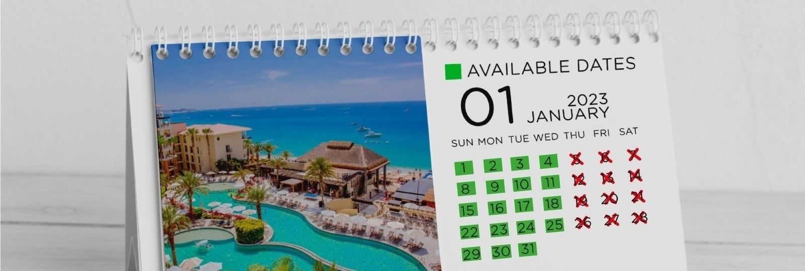 ein Tischkalender für das Jahr 2023 zeigt die verfügbaren Daten