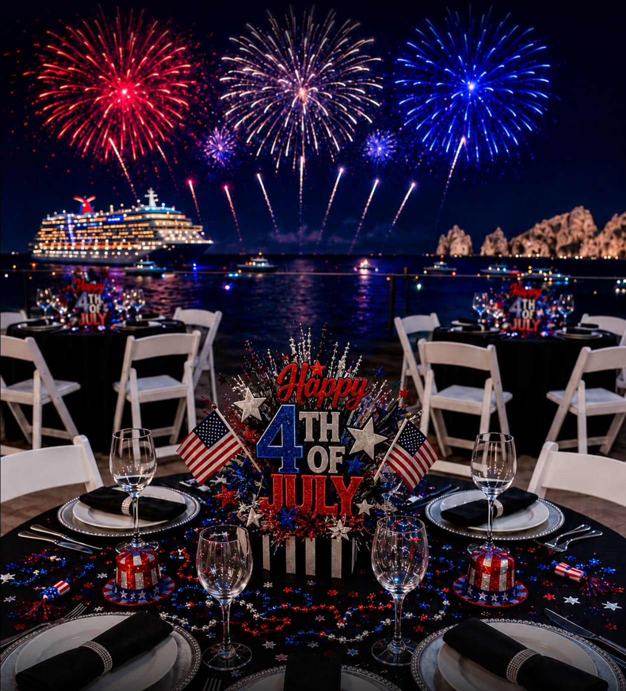 Gala-Dinner unter freiem Himmel direkt am Meer zur Feier des 4. Juli in Cabo San Lucas