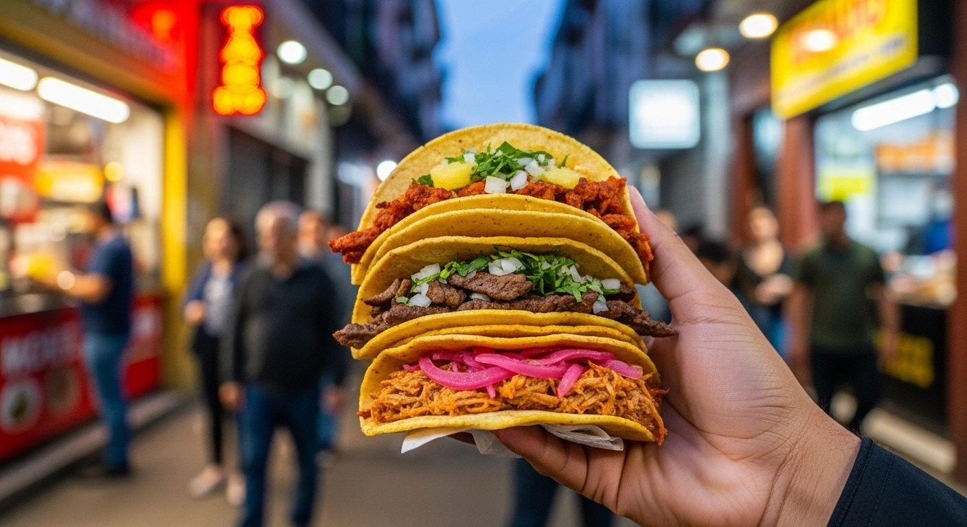 un plato de tacos con carne y verduras está en la mano de un conocedor gourmet.
