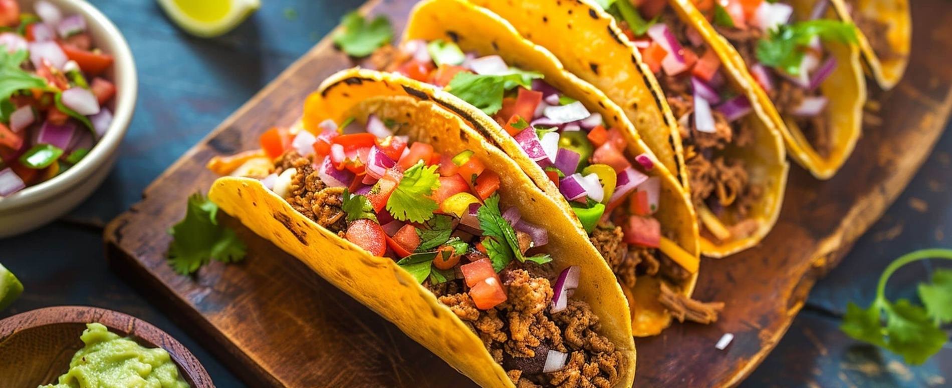 a wooden cutting board topped with tacos and guacamole
