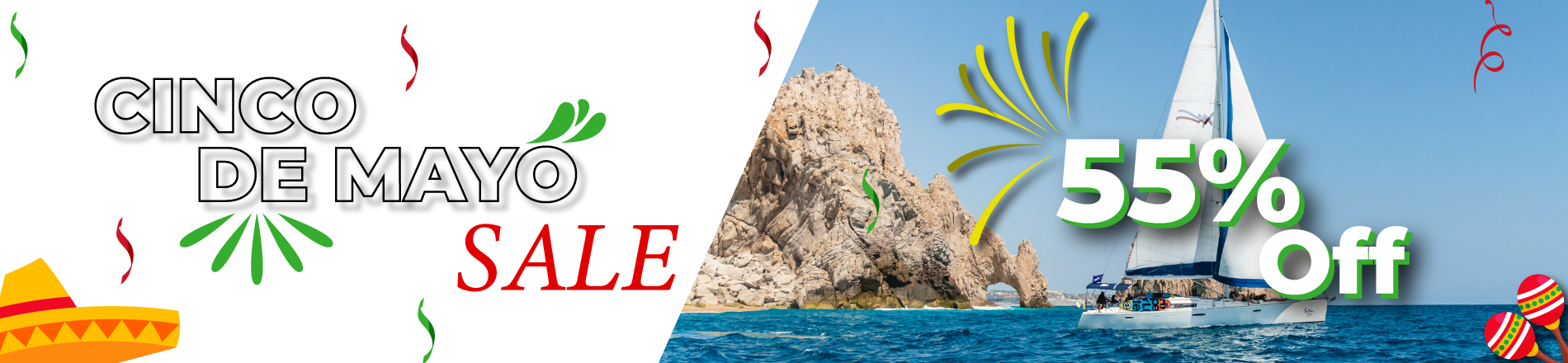 ein Poster mit einem Segelboot im Ozean und der Aufschrift cinco de mayo sale 55 % off