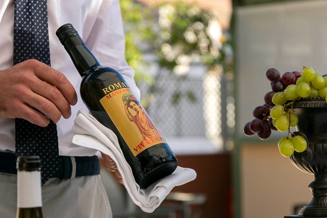 a man holding a bottle of roma manzanilla wine
