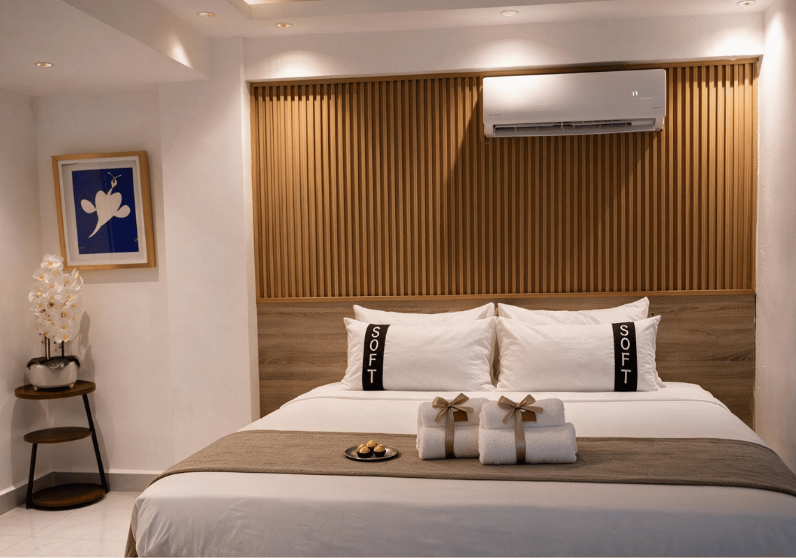 Chambre d'hôtel moderne avec lit confortable, coussins 'SOFT' et air conditionné - Réservez votre séjour Casual: On The Beach Bayahibe