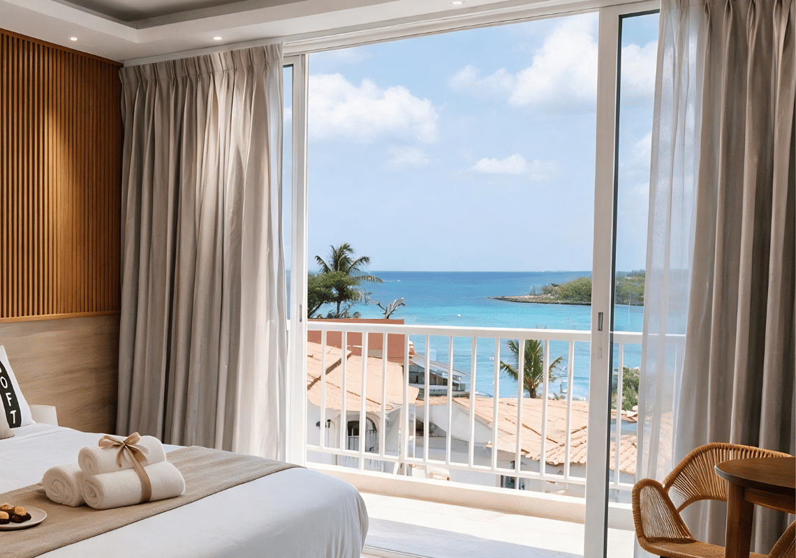 Vue sur mer depuis une chambre d'hôtel avec balcon et rideaux, offrant une vue magnifique. Casual: On The Beach Bayahibe