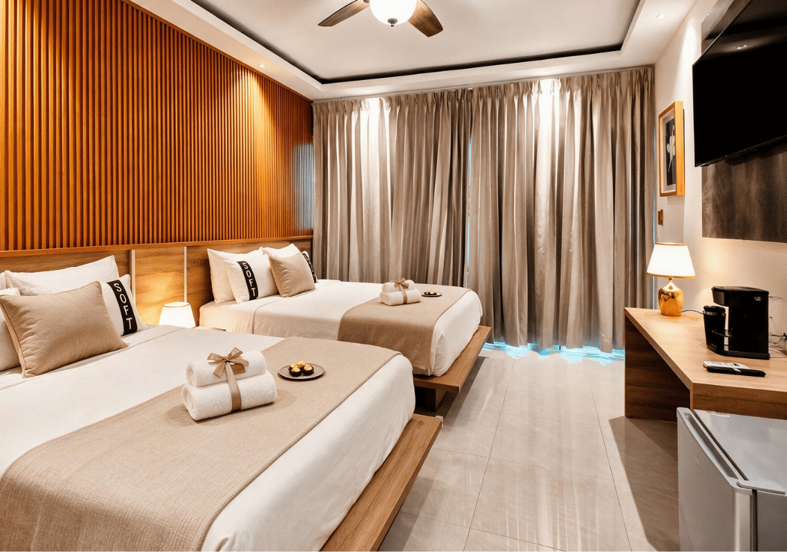 Chambre d'hôtel moderne avec deux lits jumeaux, un mur en bois rayé et des rideaux beiges. Idéal pour Casual: On The Beach Bayahibe.