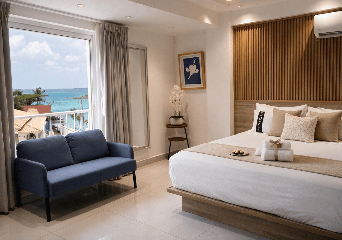 Chambre lumineuse avec vue mer et canapé bleu, lit confortable avec Casual: On The Beach Bayahibe.