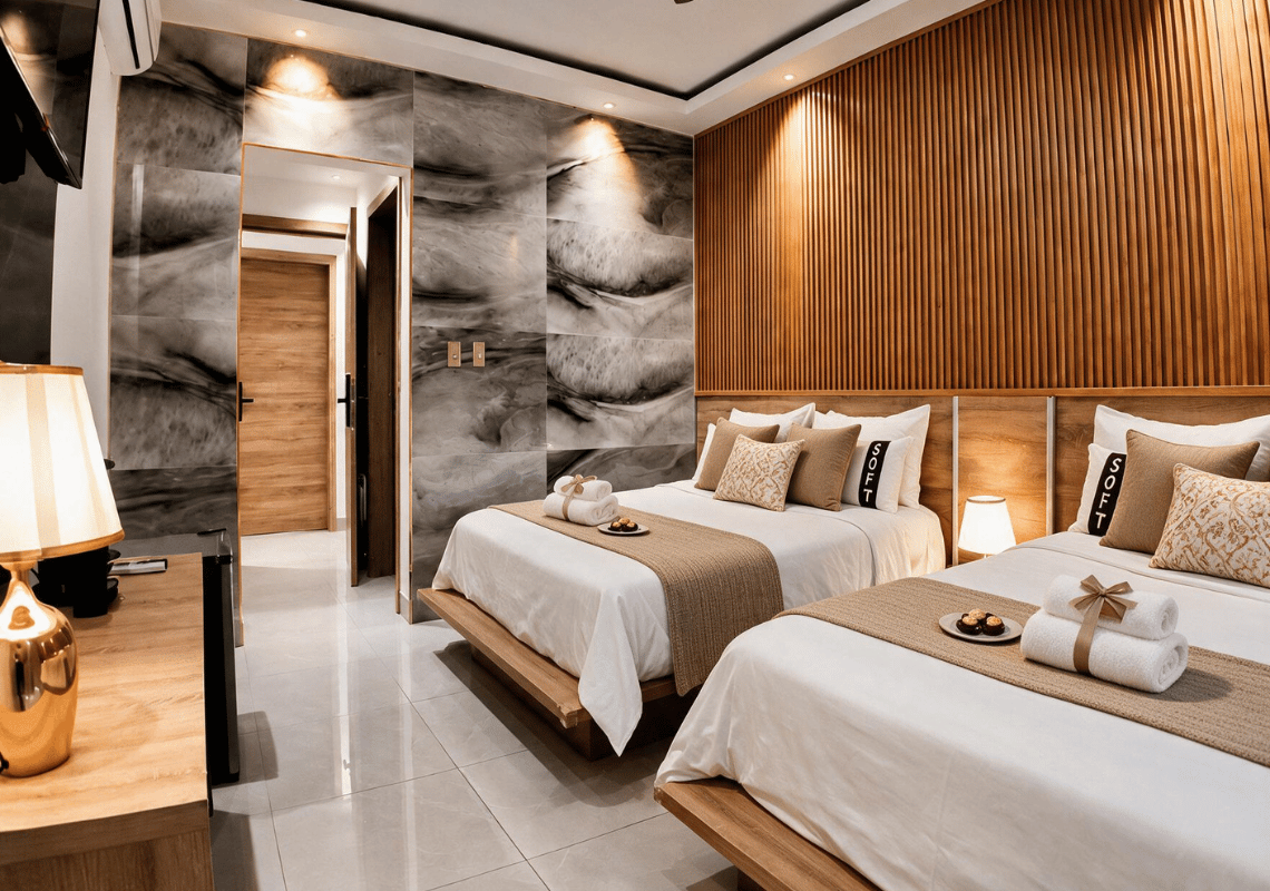 Chambre d'hôtel moderne avec deux lits jumeaux et mur en bois, idéale pour Casual: On The Beach Bayahibe.