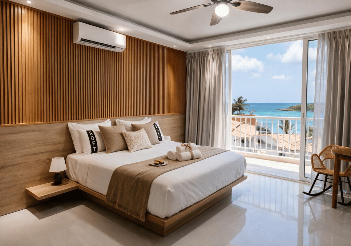 Chambre d'hôtel avec vue mer : lit confortable, climatisation, balcon et meubles en bois. Casual: On The Beach Bayahibe