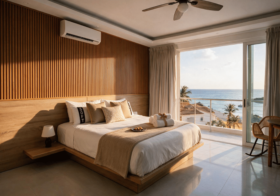 Chambre d'hôtel vue sur mer, lit confortable avec oreillers "SOFT" Casual: On The Beach Bayahibe.