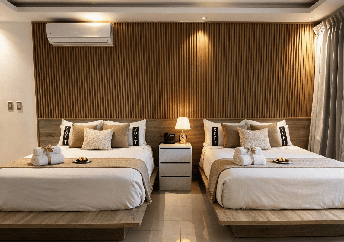 Chambre d'hôtel moderne avec deux lits queen et un mur en bois. Casual: On The Beach Bayahibe