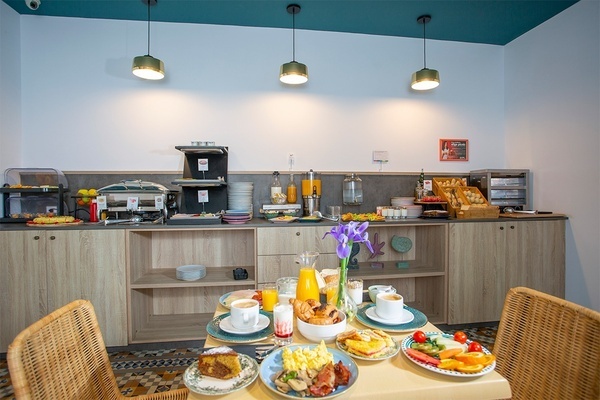 a buffet with a sign that says ' a ' on it