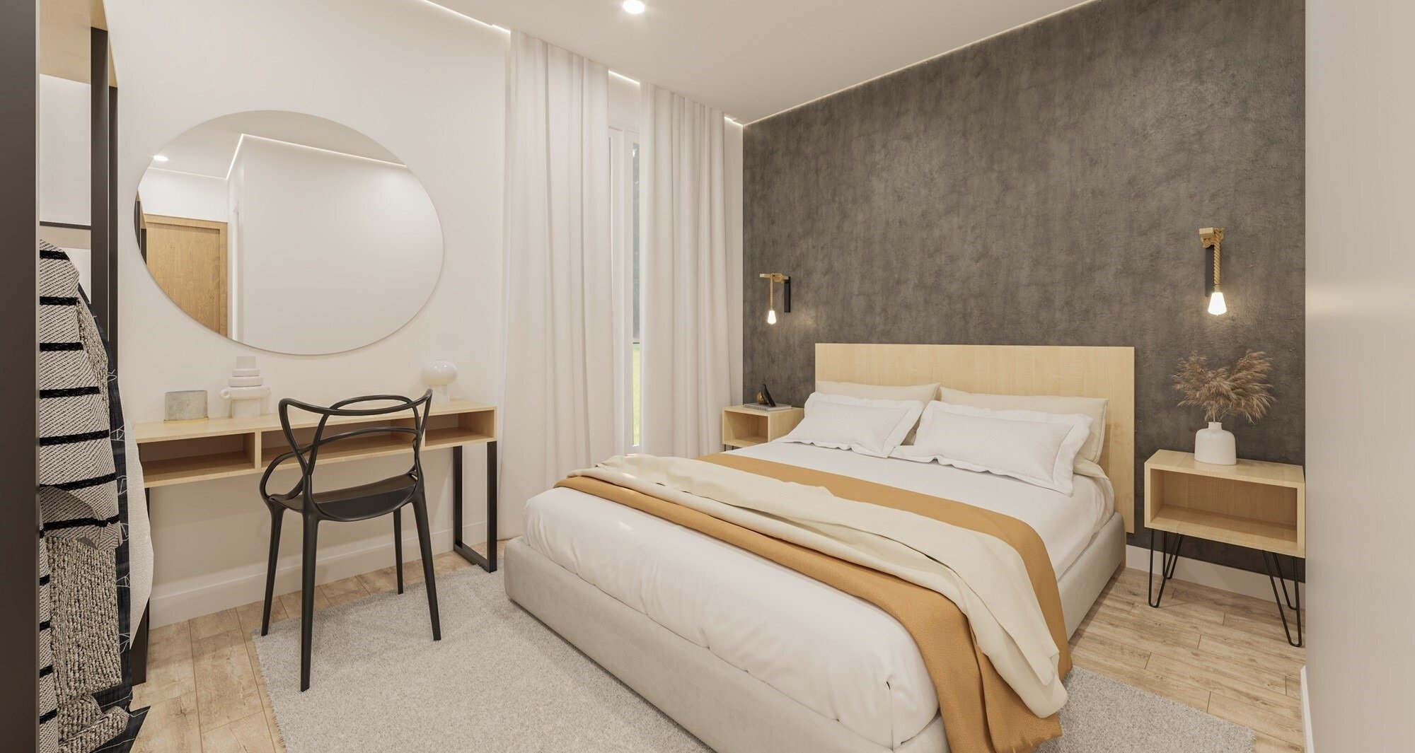 un dormitorio con una cama y un espejo redondo