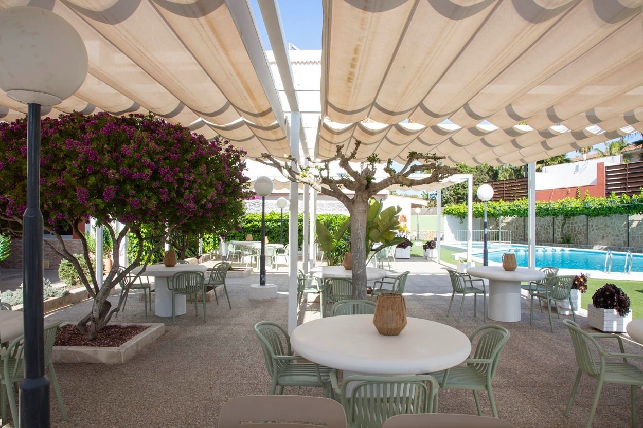 Terrasse ombragée avec tables et chaises, piscine et végétation luxuriante au Casual Bahía Ibiza - Hôtel près de la plage à Ibiza.