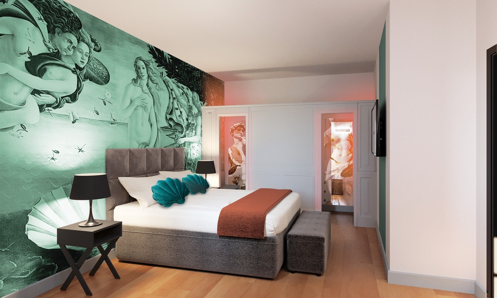 una habitación con una cama y un mural en la pared