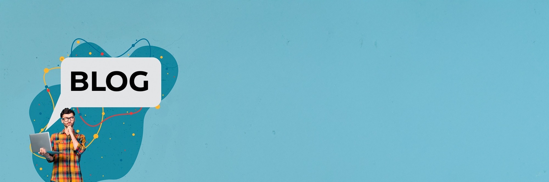 een man houdt een laptop vast met een tekstballon die zegt blog