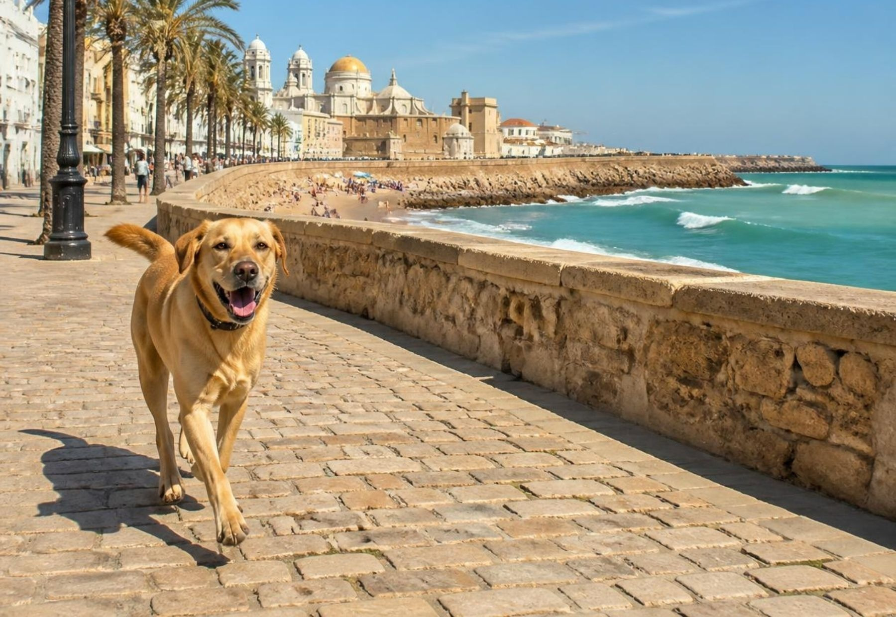 Perro feliz disfrutando del paseo marítimo en un hotel Casual: Corporativa.