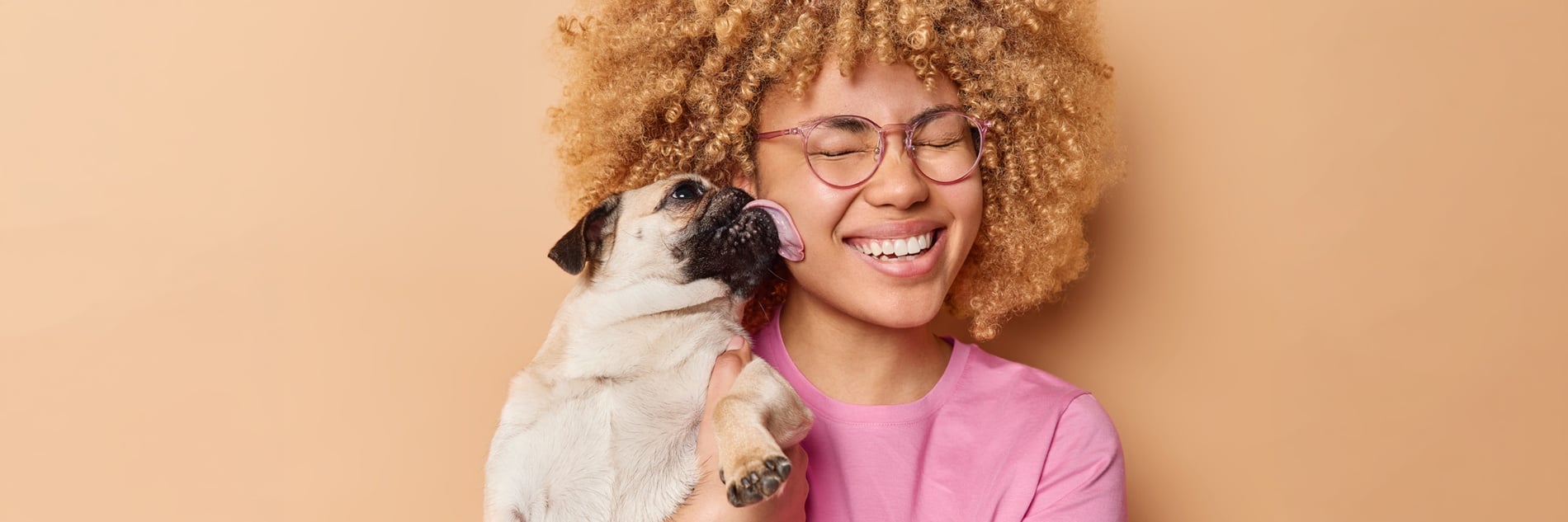Pug muerde cara de mujer sonriente con gafas rosas. Casual: Corporativa.