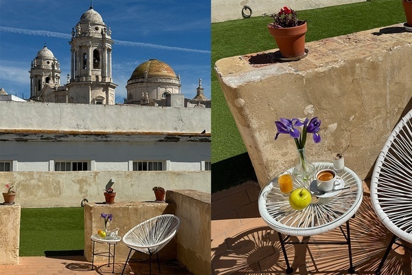 a picture of a building and a picture of a table with flowers on it