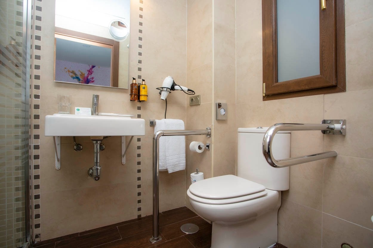 Baño accesible en Casual Ilbira Granada: lavabo, inodoro con barras de apoyo y ducha.