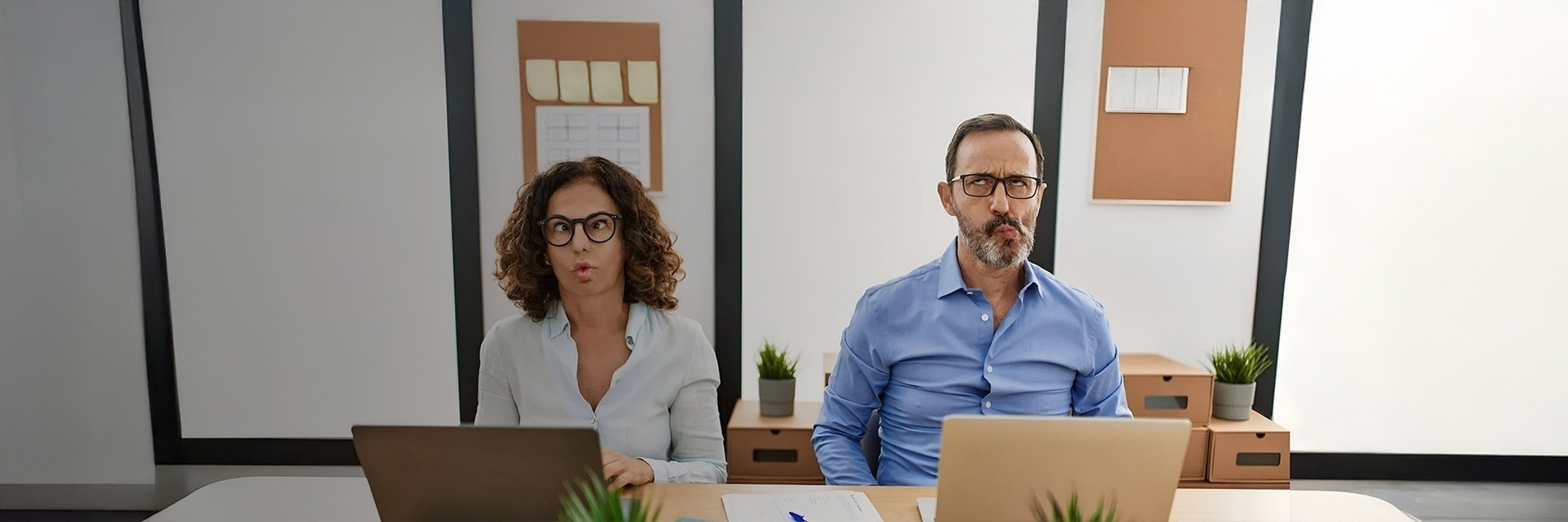un hombre y una mujer están sentados frente a una computadora portátil y haciendo muecas