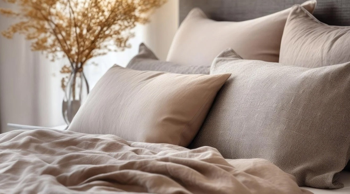 una cama llena de mantas y almohadas con un jarrón de flores en el fondo