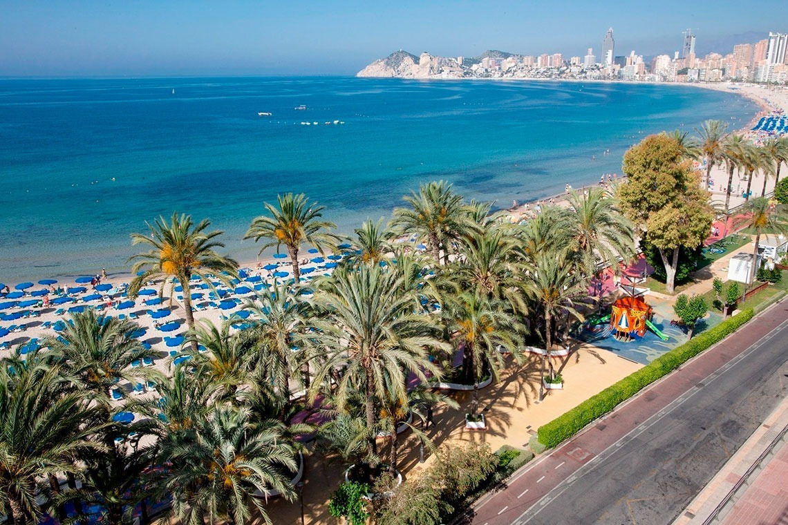 an aerial view of a beach with palm trees and umbrellas