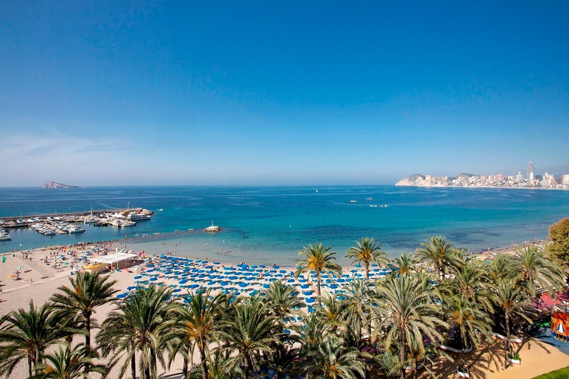 an aerial view of a beach with palm trees and blue umbrellas