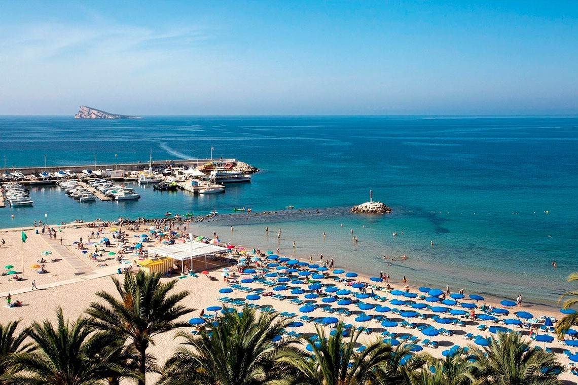 a beach with lots of blue umbrellas and palm trees