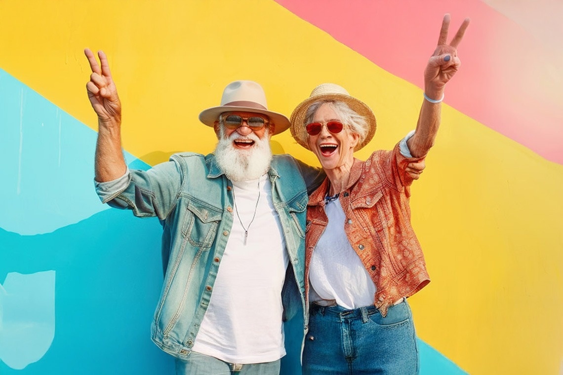 un hombre y una mujer dan un signo de la paz con sus manos