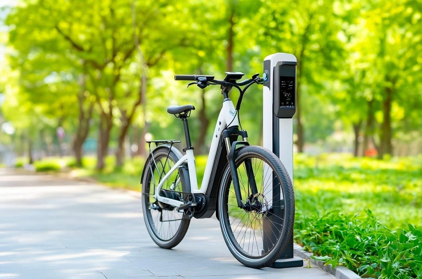 una mujer en un suéter rosa monta una bicicleta azul con una canasta de flores