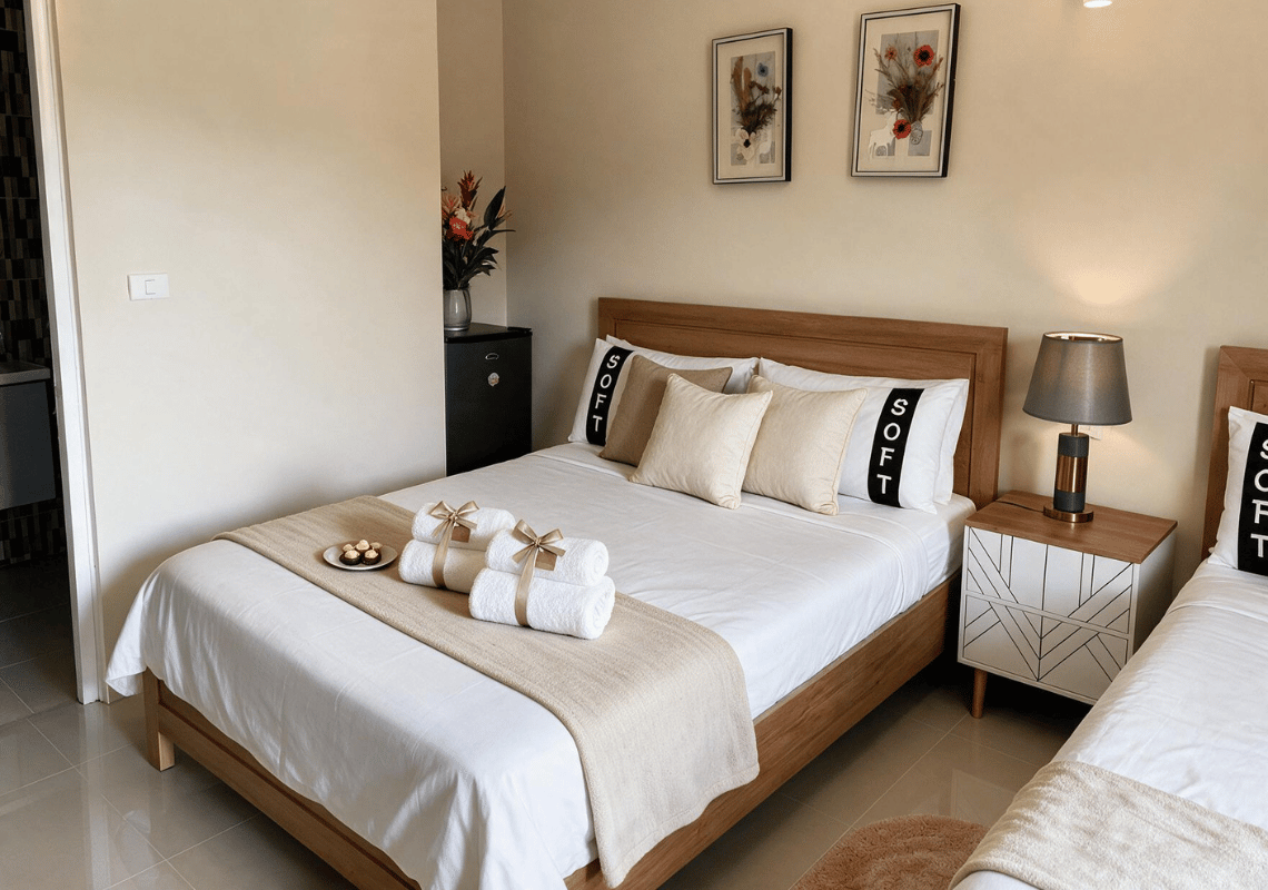 Camera da letto accogliente con due letti singoli, lenzuola bianche, cuscini decorativi e comodino con lampada. Casual: Eden Bayahibe