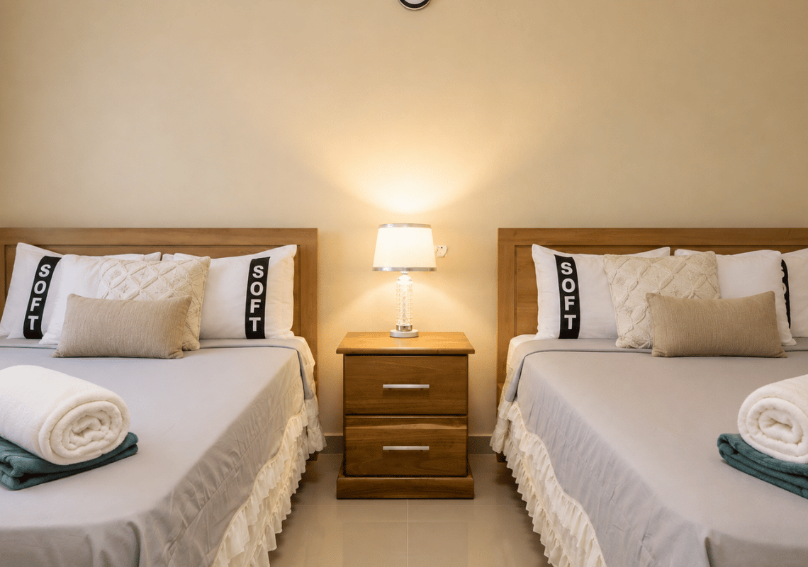 Camere doppie con letti gemelli nell'hotel, dotate di biancheria da letto Casual: Eden Bayahibe di lusso e comodino.